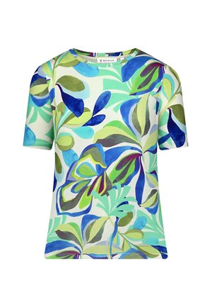 Short-sleeved T-shirt featuring a leaf-pattern design in shades of blue, green, and teal on a white background. Round neckline, soft fabric.