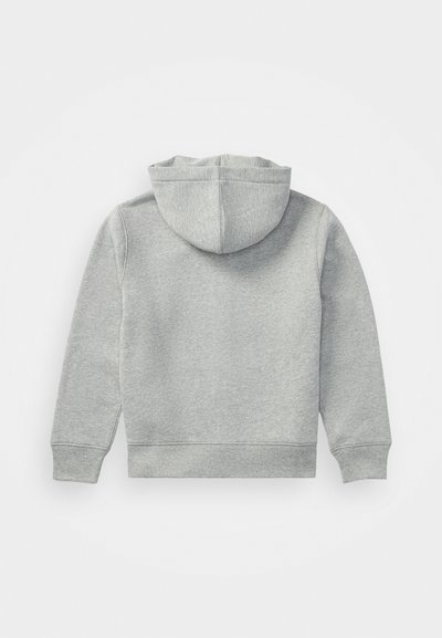 Grauer Hoodie mit Kängurutasche, langen Ärmeln, gerippten Bündchen und Saum. Weiches Material im Pull-over-Stil und mit einer enganliegenden Kapuze.