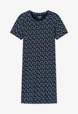 Navy T-Shirt Kleid aus weichem Stoff, mit einer Streuung von kleinen weißen und lavendelfarbenen Blumenmustern, rundem Halsausschnitt und kurzen Ärmeln.