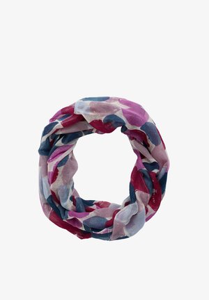 Meerlagige infinity sjaal gemaakt van lichtgewicht, doorschijnende stof; toont abstracte patronen in roze, paars en blauw met een zachte textuur.