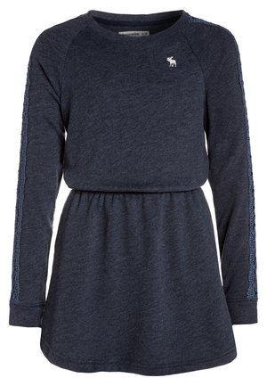 Navy blue long-sleeve dress with elastic waist, lace trim on sleeves, and small white moose logo on chest.