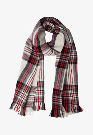 Écharpe douce tissée avec un motif à carreaux rouge, noir, blanc et gris, pliée lâchement avec des extrémités frangées sur un fond blanc.