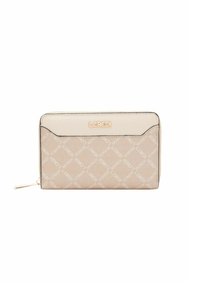 Portafoglio beige con cerniera, decorato con motivo logo LCREDI in rilievo, superficie liscia, dettagli in pelle a contrasto e cursore della cerniera in metallo.