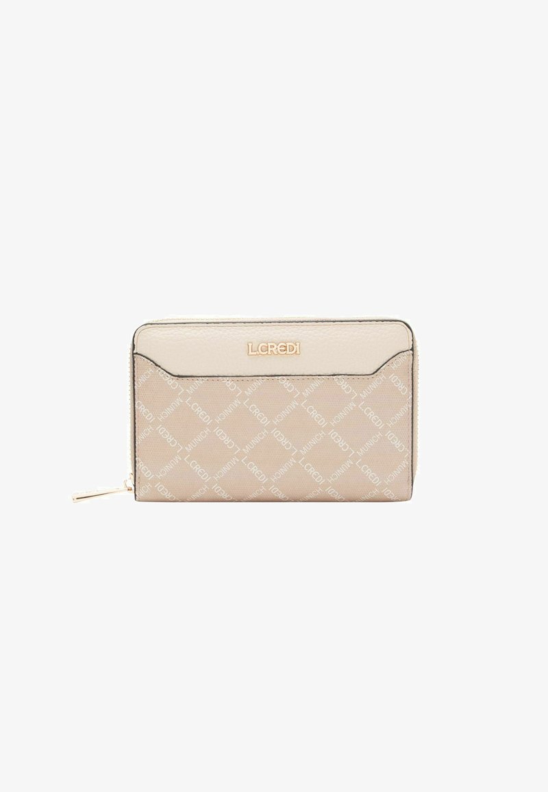 Portafoglio beige con cerniera, decorato con motivo logo LCREDI in rilievo, superficie liscia, dettagli in pelle a contrasto e cursore della cerniera in metallo.