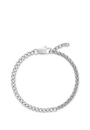 Silbernes Gliederarmband mit ineinandergreifenden Gliedern und Karabinerverschluss auf weißem Hintergrund.