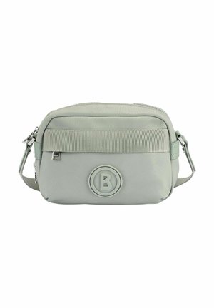 Borsa a tracolla in nylon verde chiaro con accento rigato, chiusura a zip e logo circolare. Presenta una tracolla regolabile e hardware resistente.
