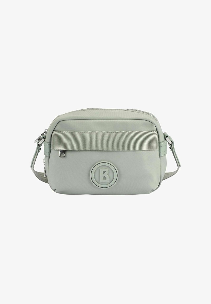 Měkká zelená nylonová crossbody taška s žebrovaným akcentem, zipovým uzávěrem a kruhovým logem. Zahrnuje nastavitelného popruhu a odolné kování.