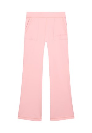 Light pink sweatpants made of smooth fabric, featuring two front pockets and an embossed logo on the left thigh. Flared design at the bottom.