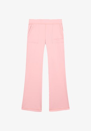 Pantaloni della tuta rosa chiaro realizzati in tessuto liscio, con due tasche frontali e un logo impresso sulla coscia sinistra. Design svasato nella parte inferiore.