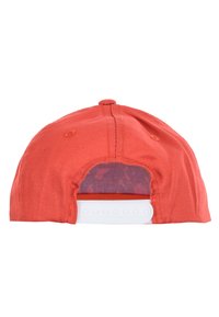 Red cotton baseball cap with a curved brim, plastic adjustable strap at the back, and ventilation holes for breathability.