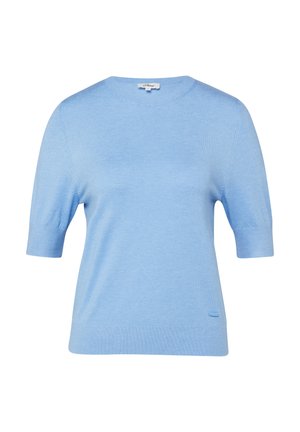 Jasnoniebieski krótki sweter dzianinowy z krótkim rękawem, okrągłym dekoltem oraz ściągaczami na mankietach i dole, prosty wzór, widok z przodu na białym tle.