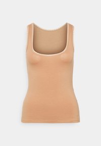 Scoop-neck topp i mjuk, ljusbrun tyg. Har ärmlös design och subtilt strukturerad kant längs uringningen.