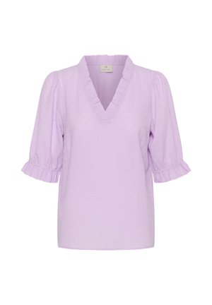 Bluza texturată liliac cu decolteu în V, guler și manșete cu volane și mâneci bufante până la cot.