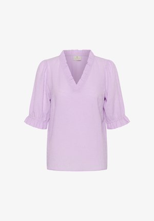 Lilahasto teksturirana bluza z V-izrezom, z nagubanim ovratnikom in manšetami ter napihnjenimi rokavi do komolcev.
