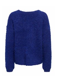 Modra, teksturirana, pulover jopica. Okrogli ovratnik, dolgi rokavi, mehka plišasta tkanina. Ima ohlapno prileganje, brez vidnih zapiral in okrasnih elementov.