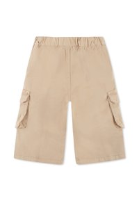 Pantaloni cargo beige con vita elastica, due tasche laterali e due tasche cargo sulle gambe. Tessuto liscio con finitura opaca.