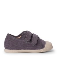 Gray corduroy shoes with two Velcro straps, rubber toe cap, and textured sole. Sleek rounded shape with a low profile design.