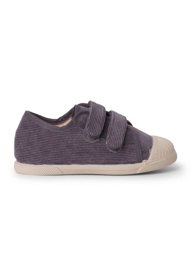 Gray corduroy shoes with two Velcro straps, rubber toe cap, and textured sole. Sleek rounded shape with a low profile design.