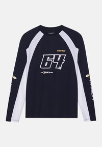 Long-sleeve T-shirt featuring a navy body with white raglan sleeves, bold "64" graphic in black and white, gold accents, and logo details.