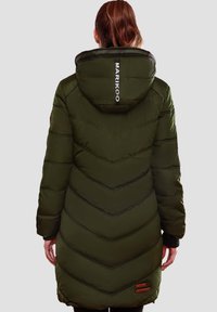 Olive green puffer coat with chevron stitching, a hood, and a logo on the back. Features ribbed cuffs and a branded accent at the hem.