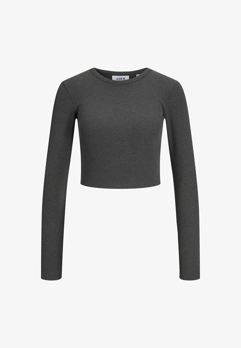 Šedý žebrovaný crop top s dlouhým rukávem a kulatým výstřihem. Vyrobeno z elastického materiálu, má přiléhavý střih a měkkou texturu.
