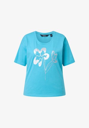 T-shirt turquoise à manches courtes et col rond avec un motif floral simple métallique argenté sur le devant et une étiquette de marque à l'intérieur du col.
