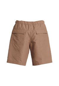 Khaki cargo šortky vyrobené z ľahkej tkaniny, s elastickým pásom, dvoma zadnými vreckami a rovný strih.