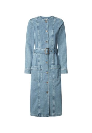 Hele sinine denim kleit pika varrukaga, ümmarguse kaelusega, eest nööpidega kinnitamine, kaks suurt taskut ja sobiv vöö vöökohal.