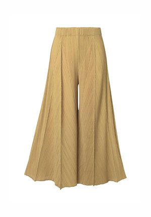 Pantalons palazzo met plooien in een licht mosterdkleur. Heeft een brede, vloeiende snit met gestructureerde strepen en een elastische tailleband.