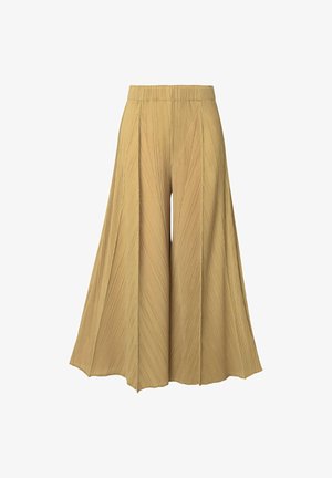 Pantalons palazzo met plooien in een licht mosterdkleur. Heeft een brede, vloeiende snit met gestructureerde strepen en een elastische tailleband.