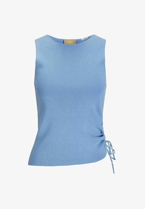 Light blue sleeveless top with a ribbed texture, featuring a ruched side with drawstring detail for adjustable fit.