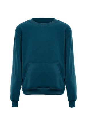 Chabrowa bluza z miękkiej bawełny. Posiada długie rękawy, okrągły dekolt oraz kieszeń z przodu z bocznymi rozcięciami na dole.