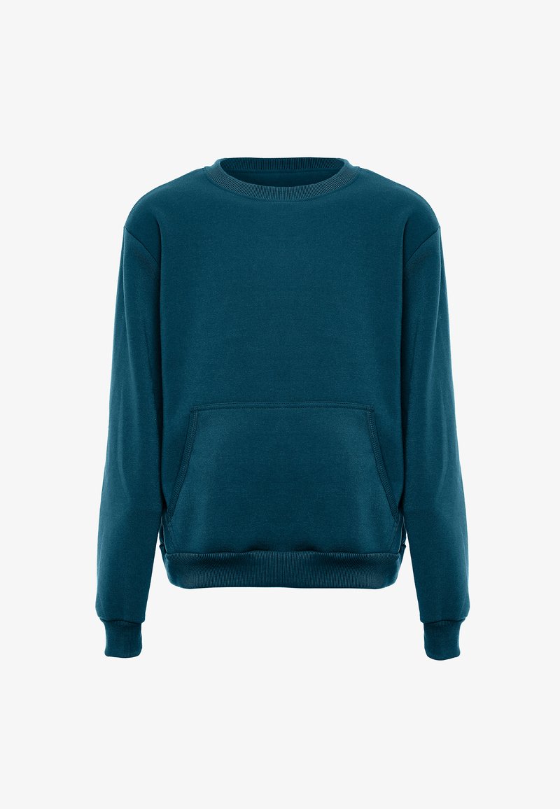 Teal sweatshirt made from soft cotton. Features long sleeves, a round neck, and a front pocket with side slits at the hem.