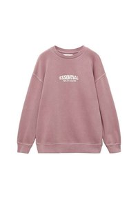 Felpa rosa con scollo rotondo, maniche lunghe, polsini a costine e una scritta bianca stampata "ESSENZIALE PER UN'ISOLA" sulla parte anteriore.