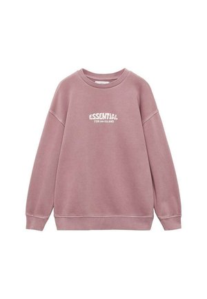 Roze sweatshirt met een ronde hals, lange mouwen, geribde manchetten en een witte bedrukte slogan "ESSENTIAL FOR AN ISLAND" op de voorkant.