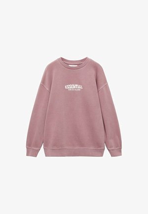 Rosa Sweatshirt mit Rundhalsausschnitt, langen Ärmeln, gerippten Bündchen und einem weißen aufgedruckten Slogan "ESSENTIAL FOR AN ISLAND" auf der Vorderseite.