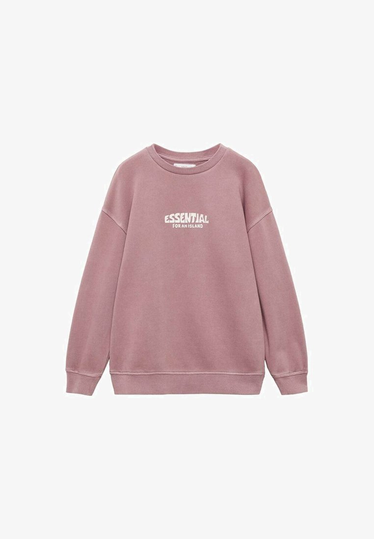 Růžová mikina s kulatým výstřihem, dlouhými rukávy, žebrovanými manžetami a bílým potiskem nápisu "ZNÁMKY PRO OSTROV" na přední straně.