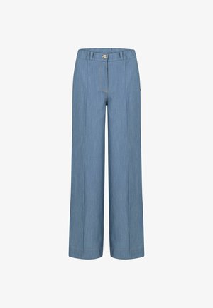 Lys blå vide bukser med høy midje, frontfolder, beltehemper og enkelt knappelukking.