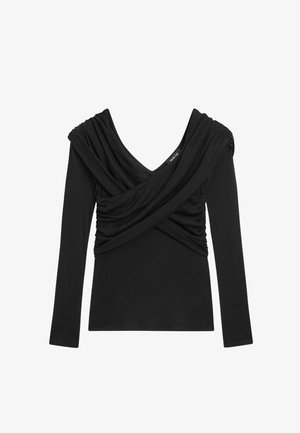 Schwarzes Langarmshirt mit V-Ausschnitt und gerafftem Drapierteil an den Schultern. Hergestellt aus glattem, dehnbarem Stoff für eine figurbetonte Passform.