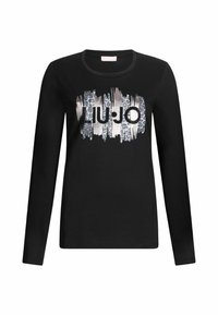 Mustaline pikad varrukad T-särk pehmest kangast, millel on graafiline disain koos "LIU·JO" logoga ja abstraktsete mustritega hõbedases ja loomanahas.