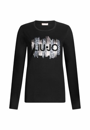 Crna majica s dugim rukavima od mekanog materijala s grafičkim dizajnom koji uključuje "LIU·JO" logo i apstraktne uzorke u srebrnoj boji te uzorak životinja.