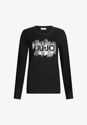 Black long-sleeve t-shirt in soft fabric featuring a graphic design with "LIU·JO" logo and abstract patterns in silver and animal print.