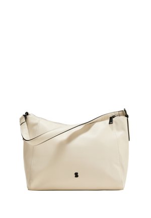 Beige leather shoulder bag with a black zipper and strap, featuring a smooth texture and a minimalistic design with a small logo accent.