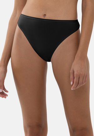 Schwarzer hochtaillierter Bikini-Unterteil aus glattem, dehnbarem Stoff. Hat ein minimalistisches Design mit klaren Kanten und ohne sichtbare Beschläge.