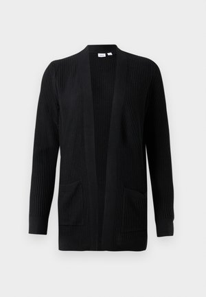 Cardigan nero a coste, aperto davanti, con maniche lunghe e due tasche frontali, espresso su uno sfondo bianco.