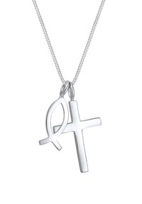 Zilveren halsketting met een vissymbool en een kruispendant. Gladde oppervlakte, reflecterende afwerking, met een fijne ketting die de hangers verbindt.