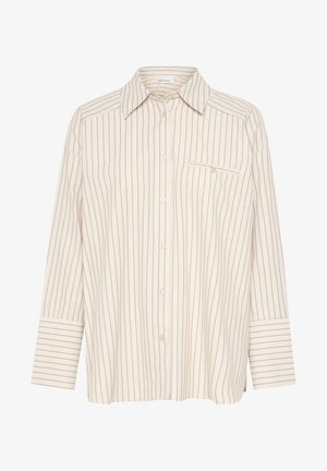 Kremowa koszula z długim rękawem, w cienkie szare paski, z jedną kieszonką na piersi. Posiada klasyczny kołnierzyk i standardowe zapięcie na guziki.