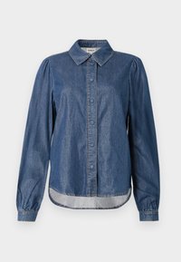 Mørkeblå denimskjorte med krage, frontlukking med knapper, lange puffermer og avrundet kant, med kontraststing.
