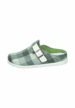 Grau und grün karierte Filzclogs mit einem weißen verstellbaren Riemen und einer strukturierten weißen Sohle. Weiche, indoor Schuhe mit runder Form.