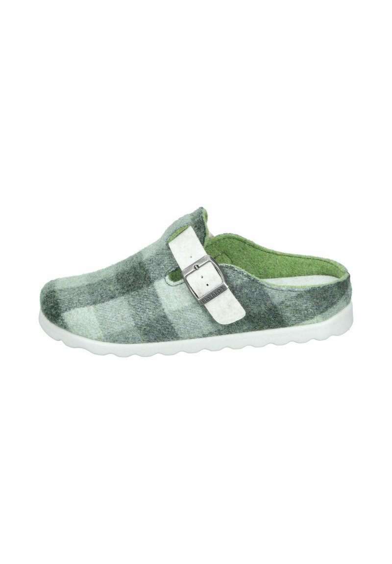 Gray and green checked felt clog with a white adjustable strap and a textured white sole. Soft, indoor footwear with a rounded shape.